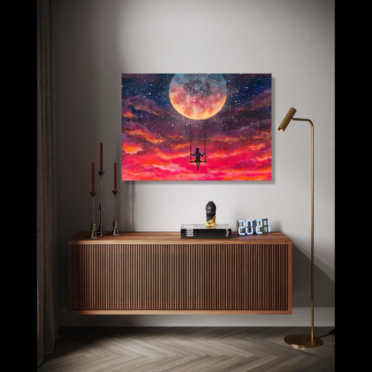 Girl Swinging on Moon Canvas, Dreamy Night Sky Wall Art, Celestial Fantasy Canvas, Inspirational Home Gift Art, Home Decor, Print