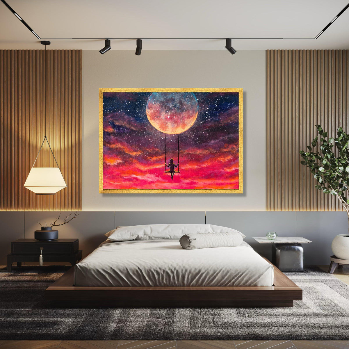 Girl Swinging on Moon Canvas, Dreamy Night Sky Wall Art, Celestial Fantasy Canvas, Inspirational Home Gift Art, Home Decor, Print
