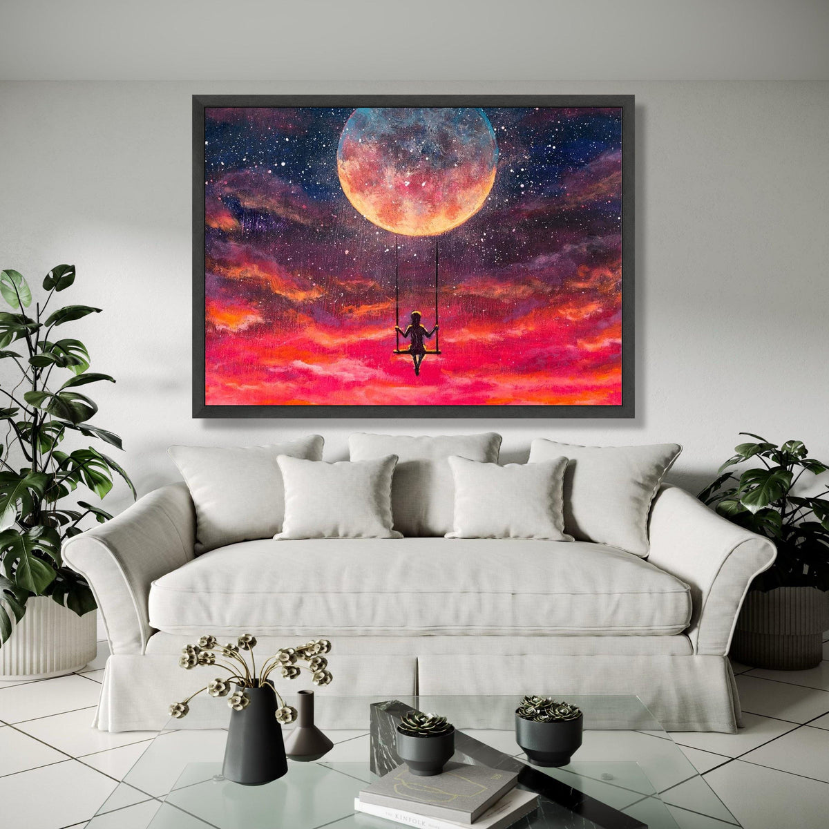 Girl Swinging on Moon Canvas, Dreamy Night Sky Wall Art, Celestial Fantasy Canvas, Inspirational Home Gift Art, Home Decor, Print