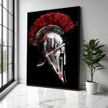 Spartan Helmet Canvas Wall Art, Red and Black Warrior Design, Ancient Greek Armor Artwork, Bold Historical Gift Art, Home Decor, Print