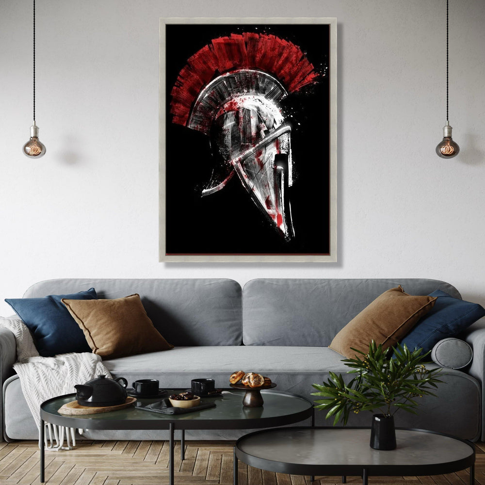 Spartan Helmet Canvas Wall Art, Red and Black Warrior Design, Ancient Greek Armor Artwork, Bold Historical Gift Art, Home Decor, Print