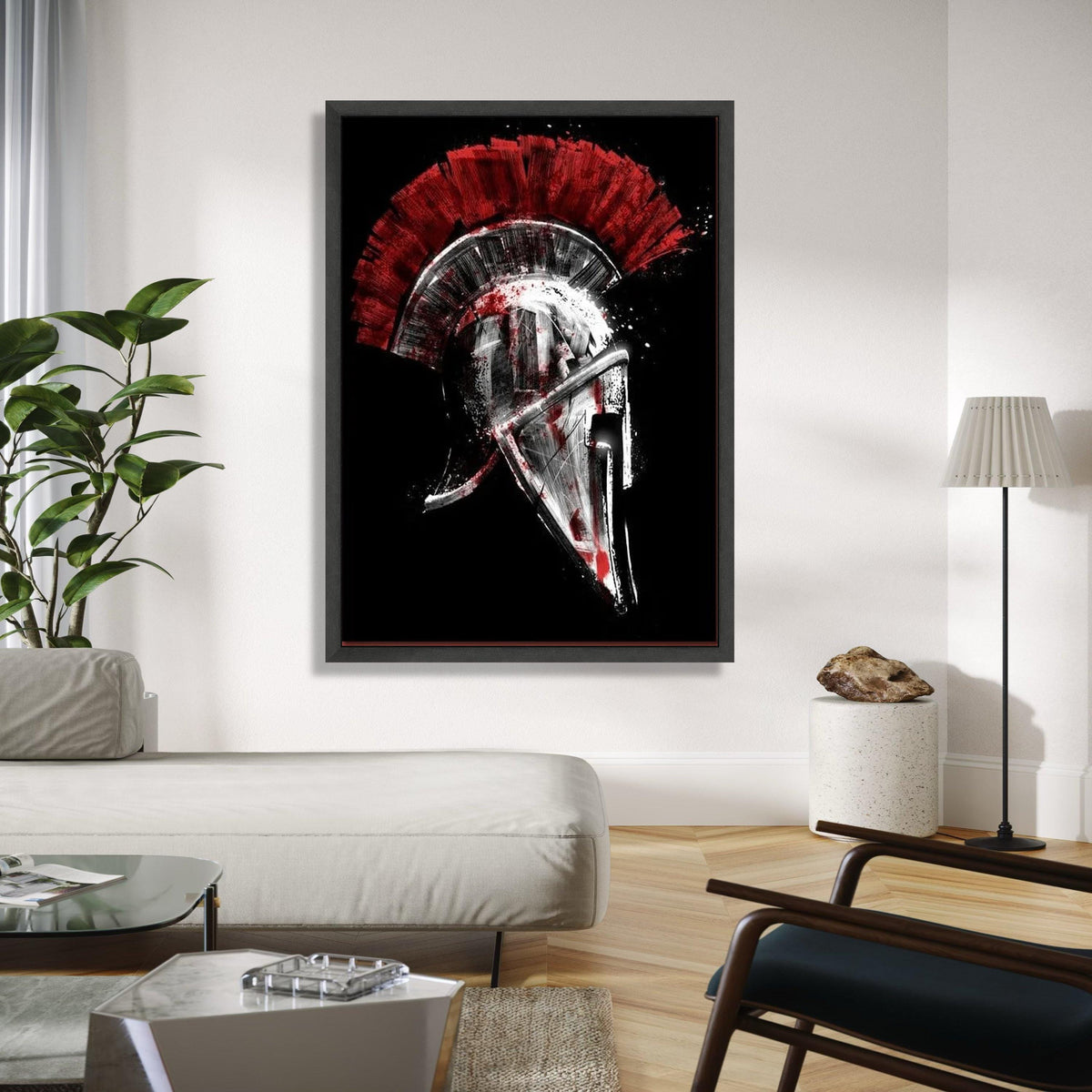 Spartan Helmet Canvas Wall Art, Red and Black Warrior Design, Ancient Greek Armor Artwork, Bold Historical Gift Art, Home Decor, Print