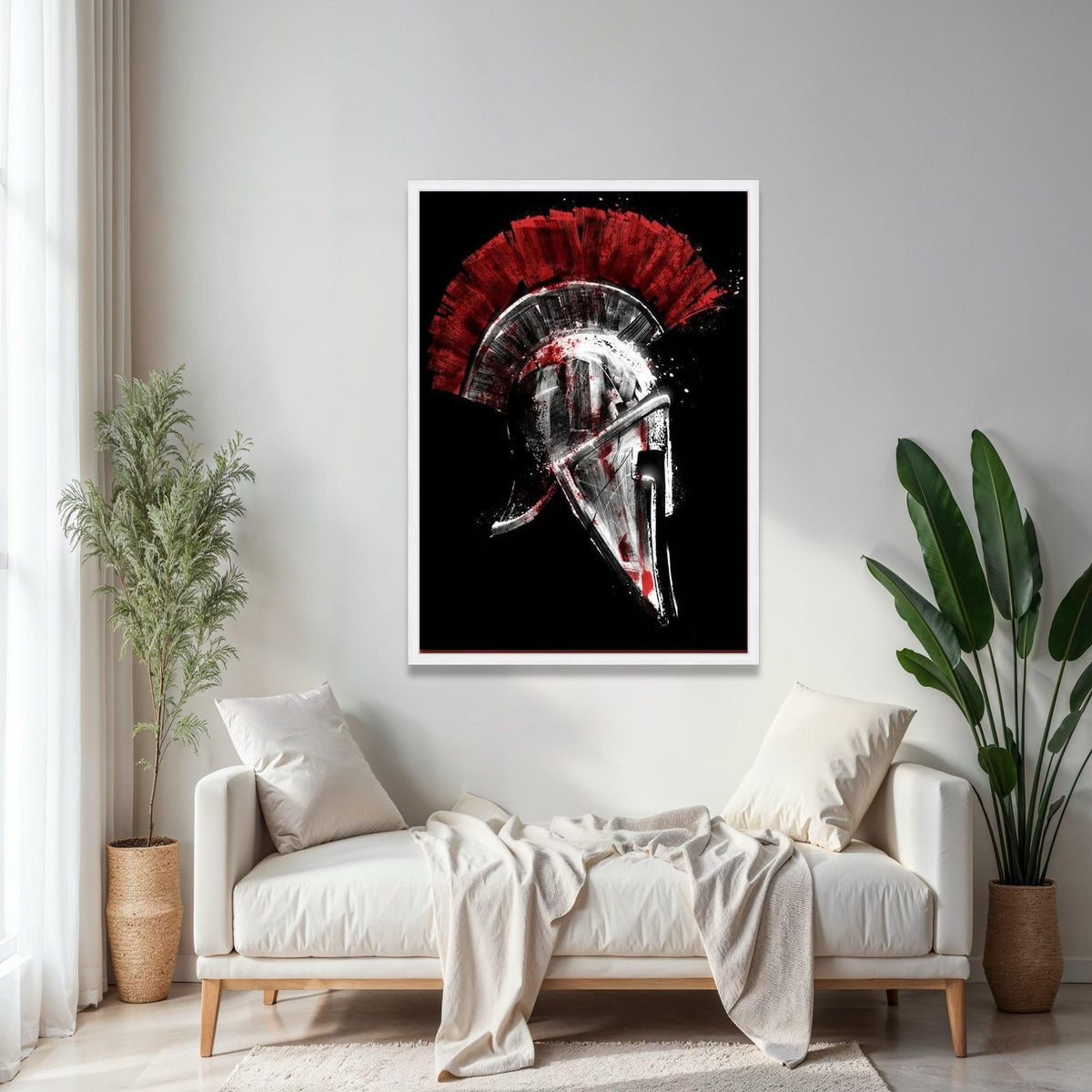 Spartan Helmet Canvas Wall Art, Red and Black Warrior Design, Ancient Greek Armor Artwork, Bold Historical Gift Art, Home Decor, Print