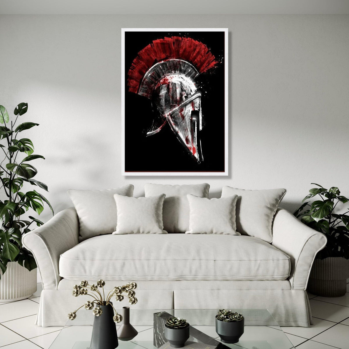 Spartan Helmet Canvas Wall Art, Red and Black Warrior Design, Ancient Greek Armor Artwork, Bold Historical Gift Art, Home Decor, Print