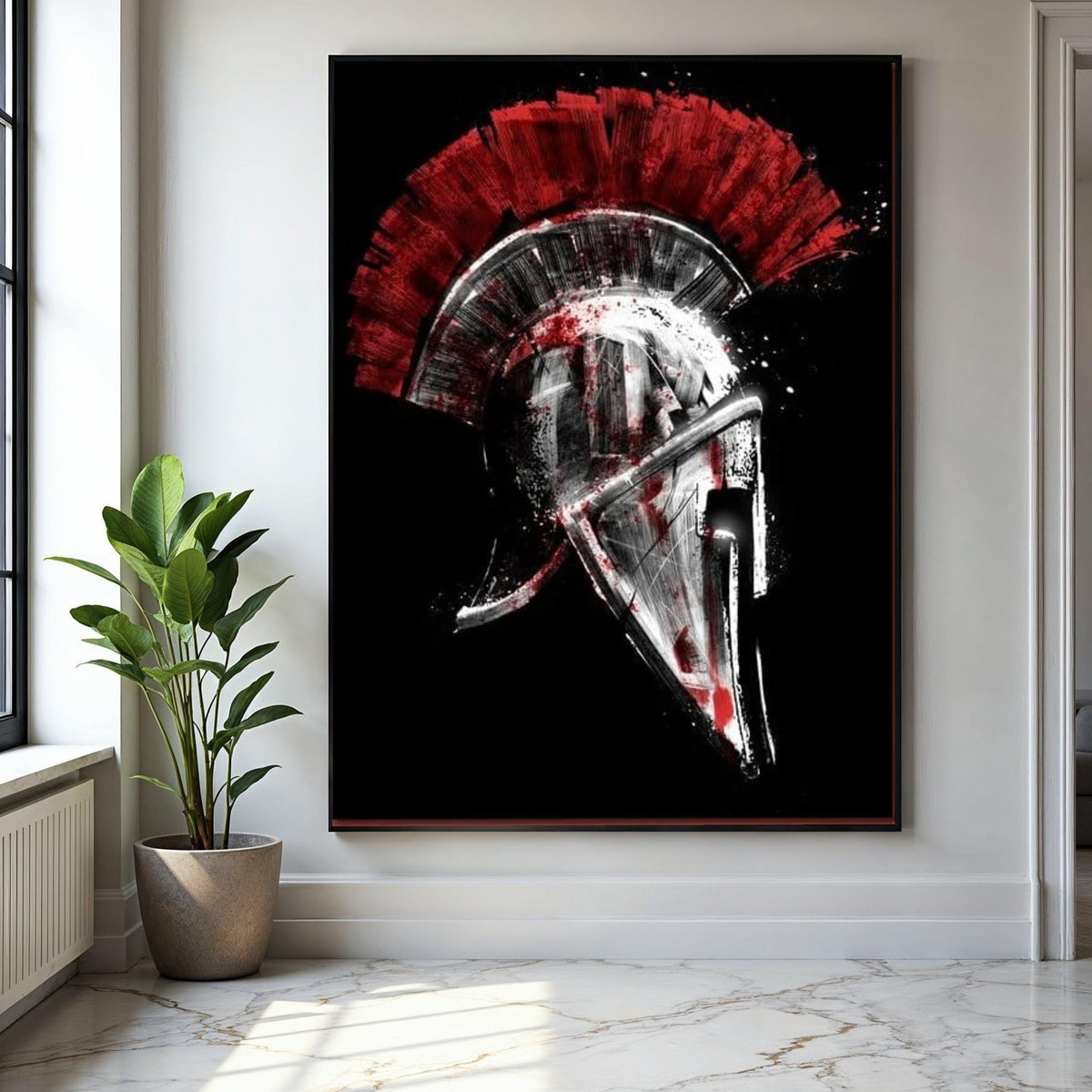 Spartan Helmet Canvas Wall Art, Red and Black Warrior Design, Ancient Greek Armor Artwork, Bold Historical Gift Art, Home Decor, Print
