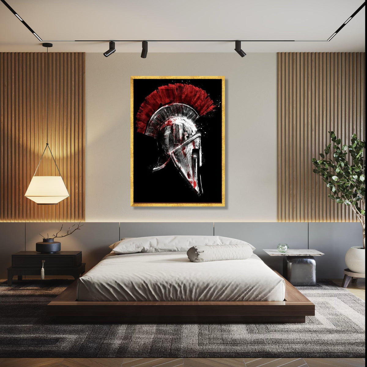 Spartan Helmet Canvas Wall Art, Red and Black Warrior Design, Ancient Greek Armor Artwork, Bold Historical Gift Art, Home Decor, Print