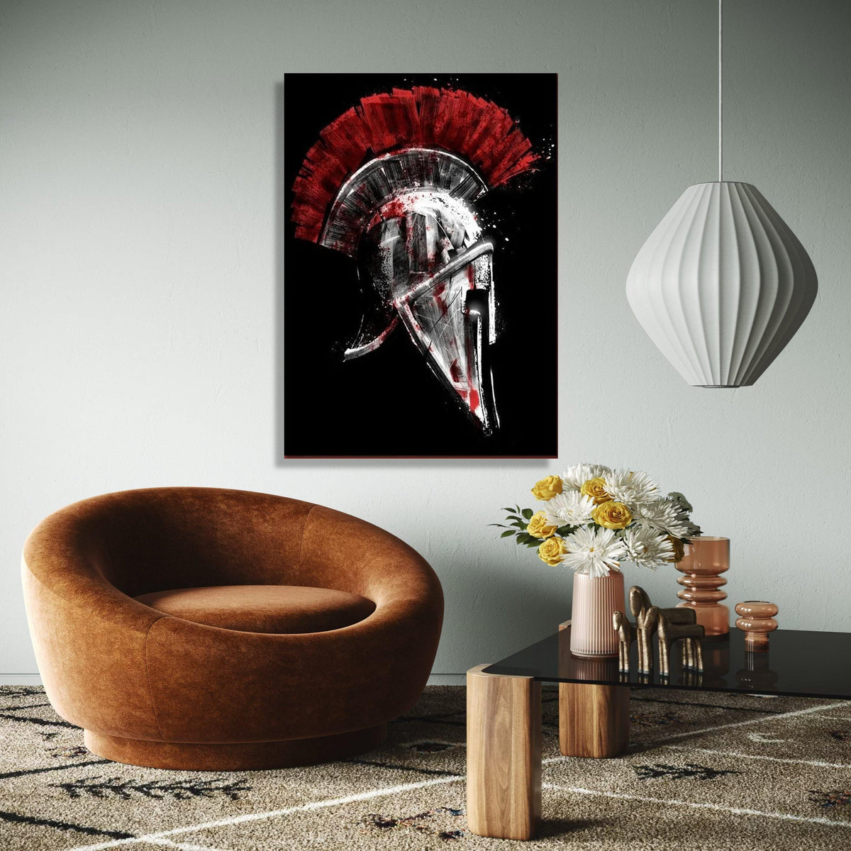 Spartan Helmet Canvas Wall Art, Red and Black Warrior Design, Ancient Greek Armor Artwork, Bold Historical Gift Art, Home Decor, Print