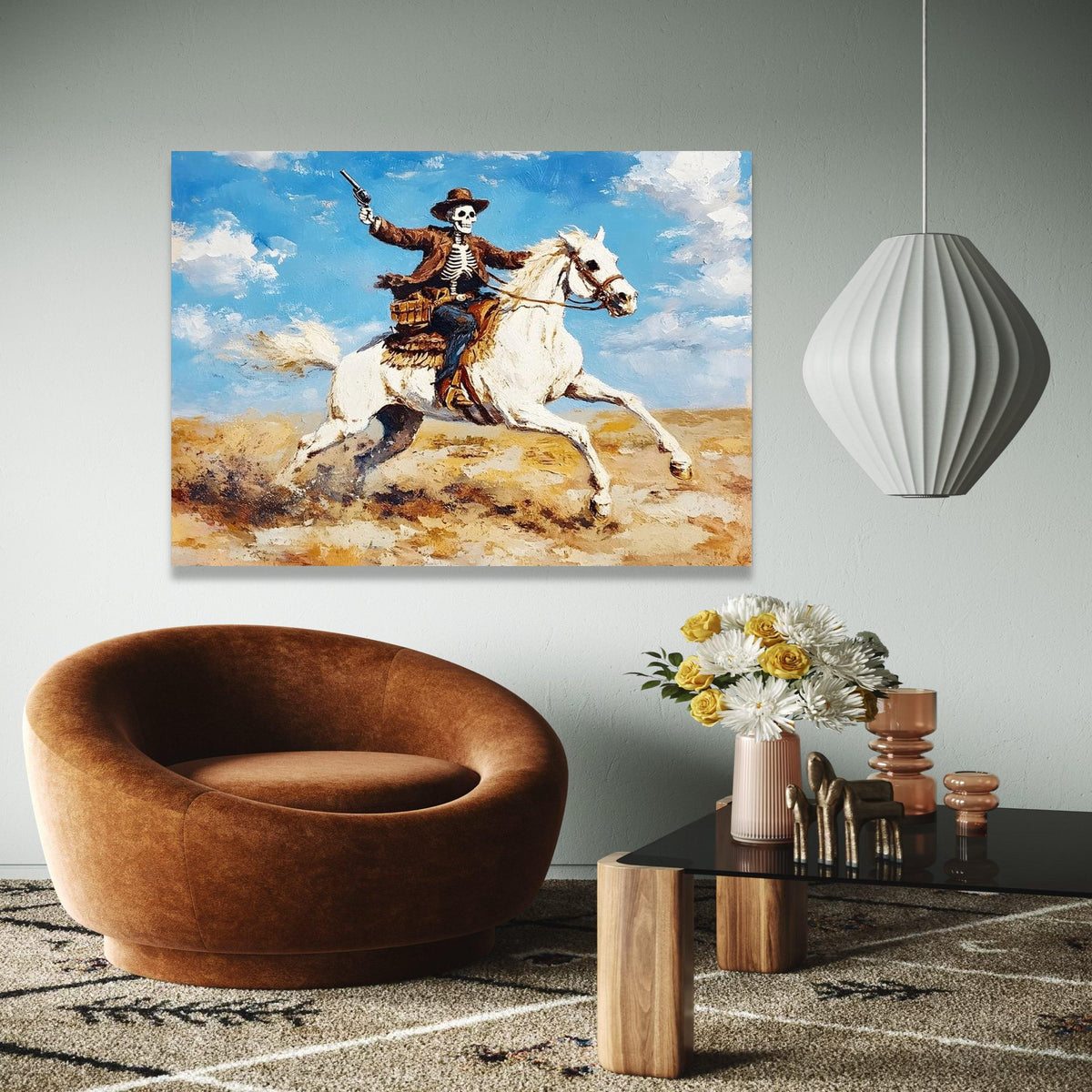 Skeleton Cowboy on White Horse Canvas, Western Skull Art, Wild West Rider Wall Art, Desert Landscape Painting, Gift Art, Home Decor, Print