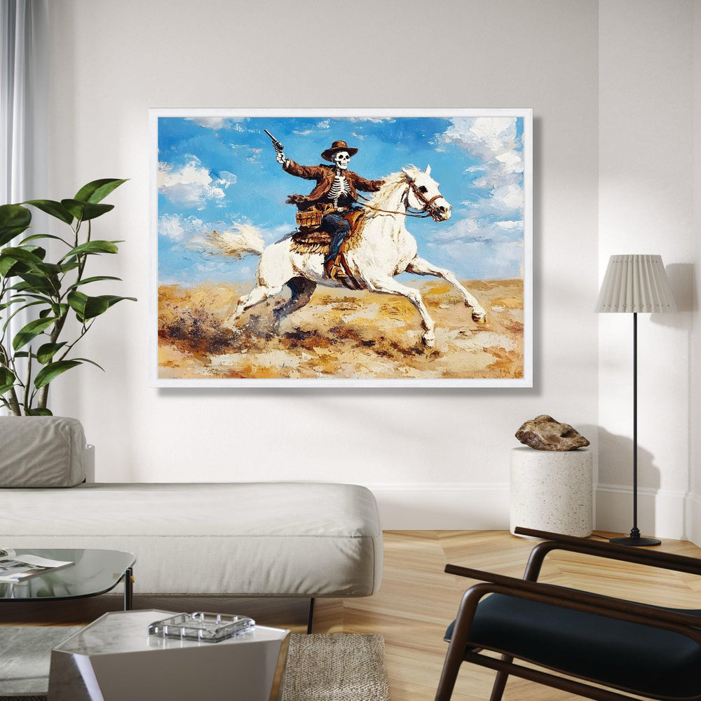 Skeleton Cowboy on White Horse Canvas, Western Skull Art, Wild West Rider Wall Art, Desert Landscape Painting, Gift Art, Home Decor, Print