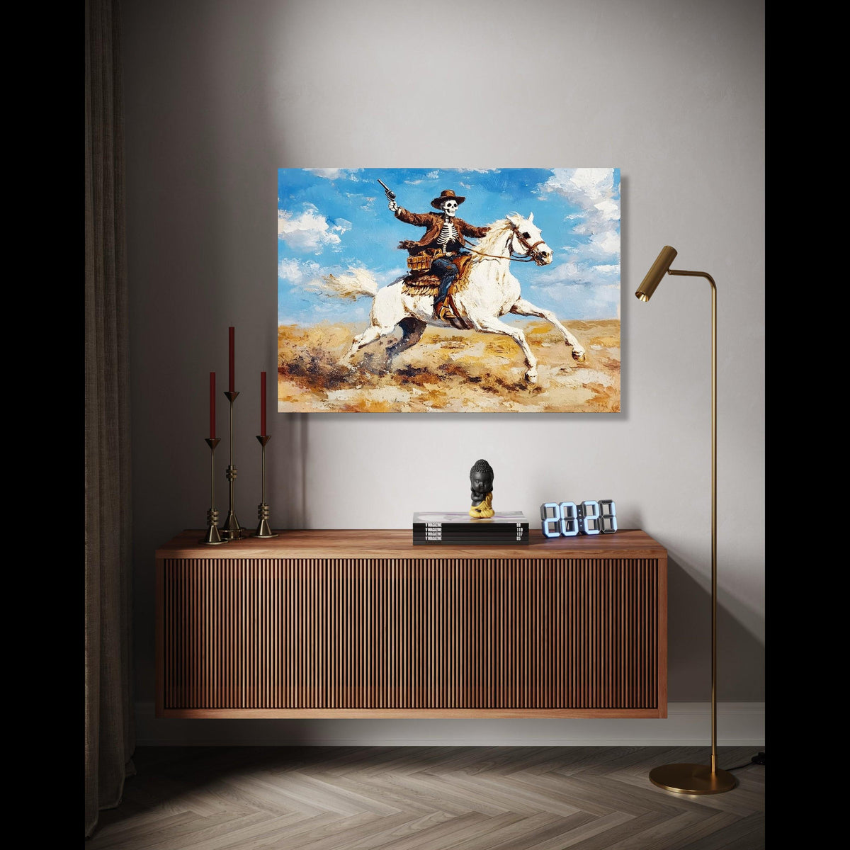 Skeleton Cowboy on White Horse Canvas, Western Skull Art, Wild West Rider Wall Art, Desert Landscape Painting, Gift Art, Home Decor, Print