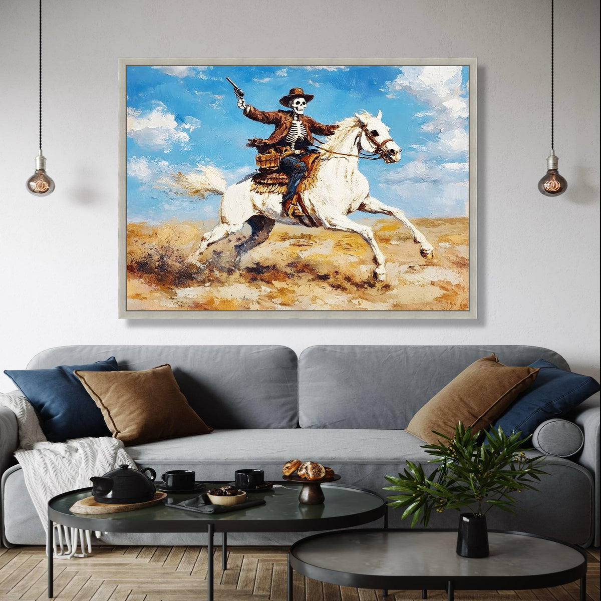 Skeleton Cowboy on White Horse Canvas, Western Skull Art, Wild West Rider Wall Art, Desert Landscape Painting, Gift Art, Home Decor, Print