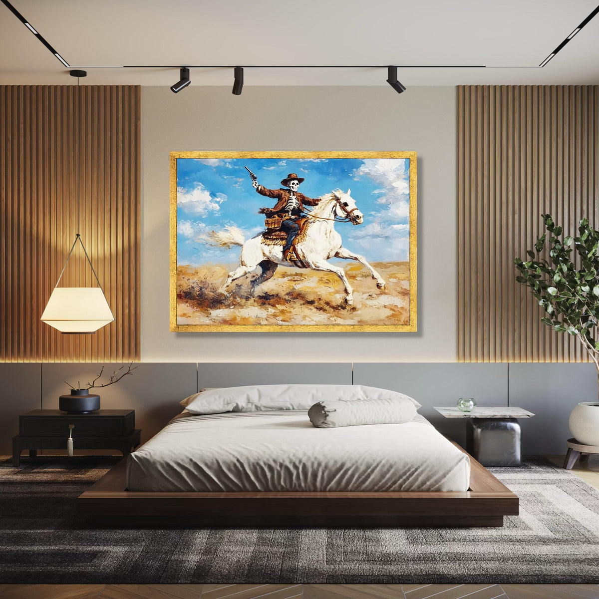 Skeleton Cowboy on White Horse Canvas, Western Skull Art, Wild West Rider Wall Art, Desert Landscape Painting, Gift Art, Home Decor, Print
