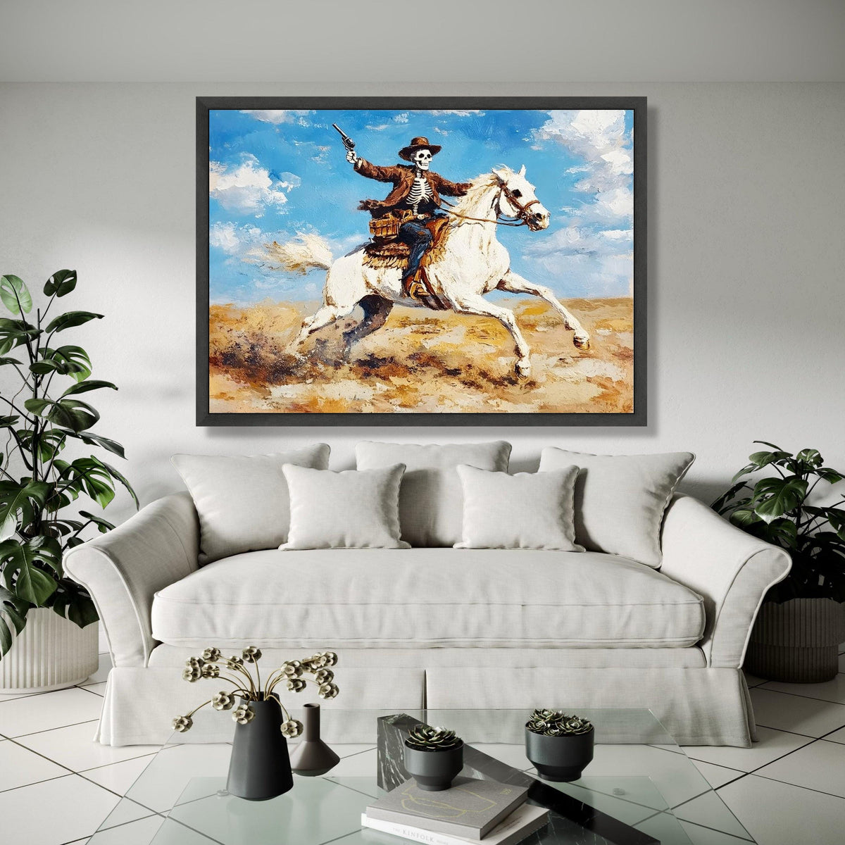 Skeleton Cowboy on White Horse Canvas, Western Skull Art, Wild West Rider Wall Art, Desert Landscape Painting, Gift Art, Home Decor, Print