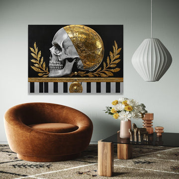 Golden Skull Canvas Wall Art, Gothic Home Decor, Metallic Half Gold Skull, Dark Black Background, Modern Gift Art, Home Decor, Print