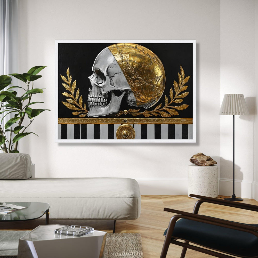 Golden Skull Canvas Wall Art, Gothic Home Decor, Metallic Half Gold Skull, Dark Black Background, Modern Gift Art, Home Decor, Print