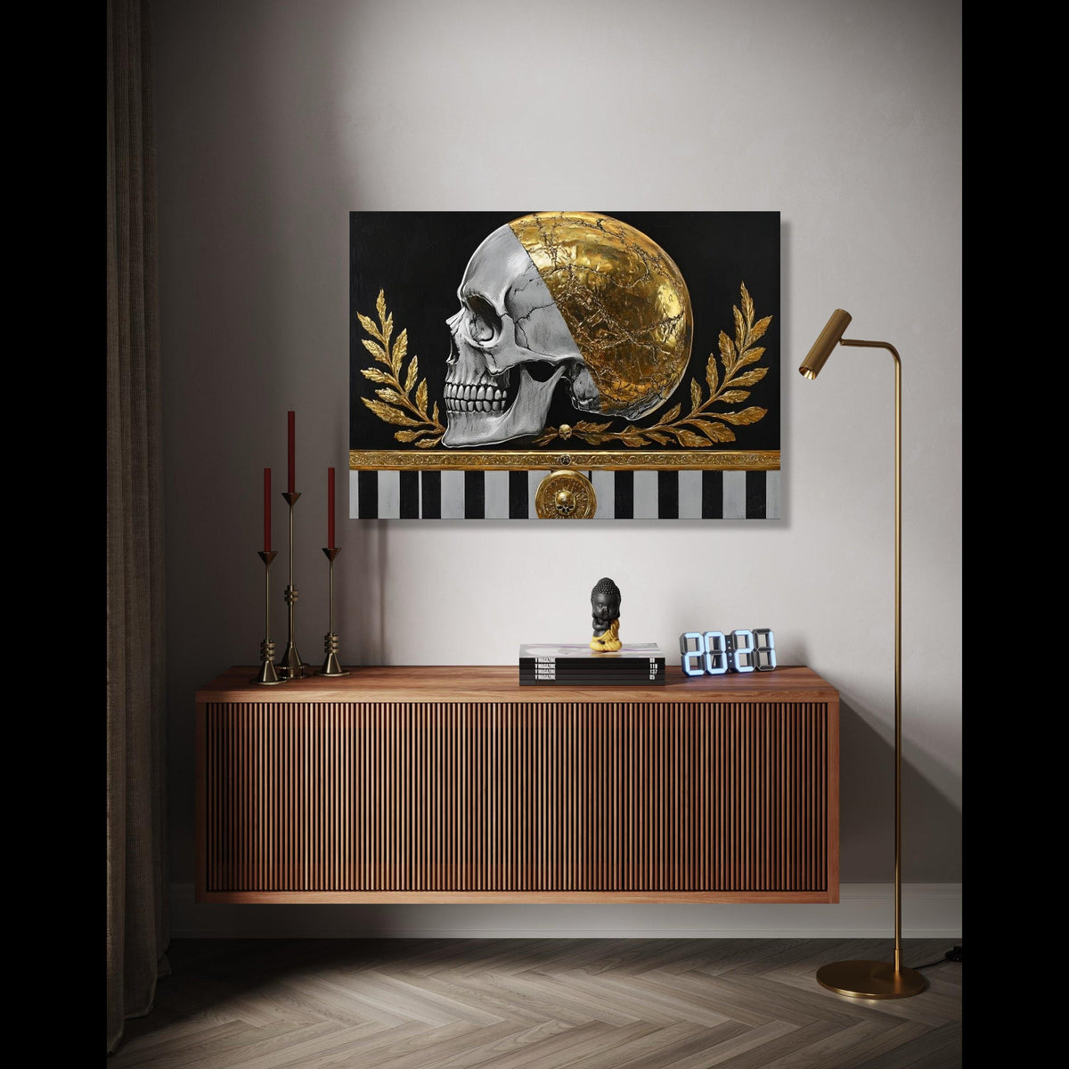 Golden Skull Canvas Wall Art, Gothic Home Decor, Metallic Half Gold Skull, Dark Black Background, Modern Gift Art, Home Decor, Print