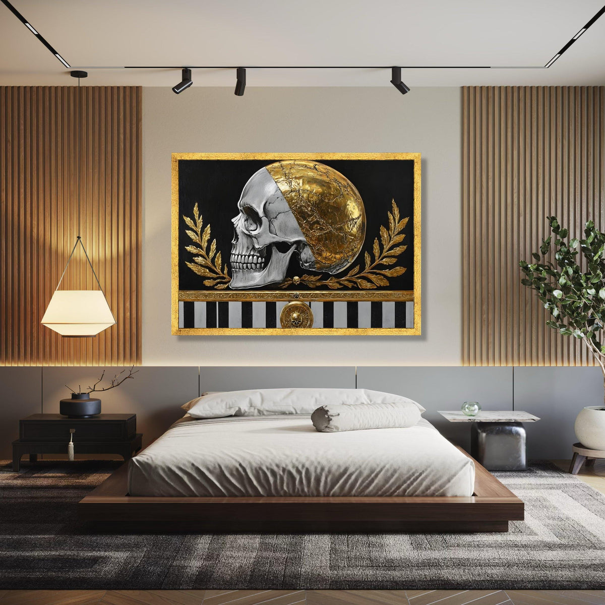 Golden Skull Canvas Wall Art, Gothic Home Decor, Metallic Half Gold Skull, Dark Black Background, Modern Gift Art, Home Decor, Print