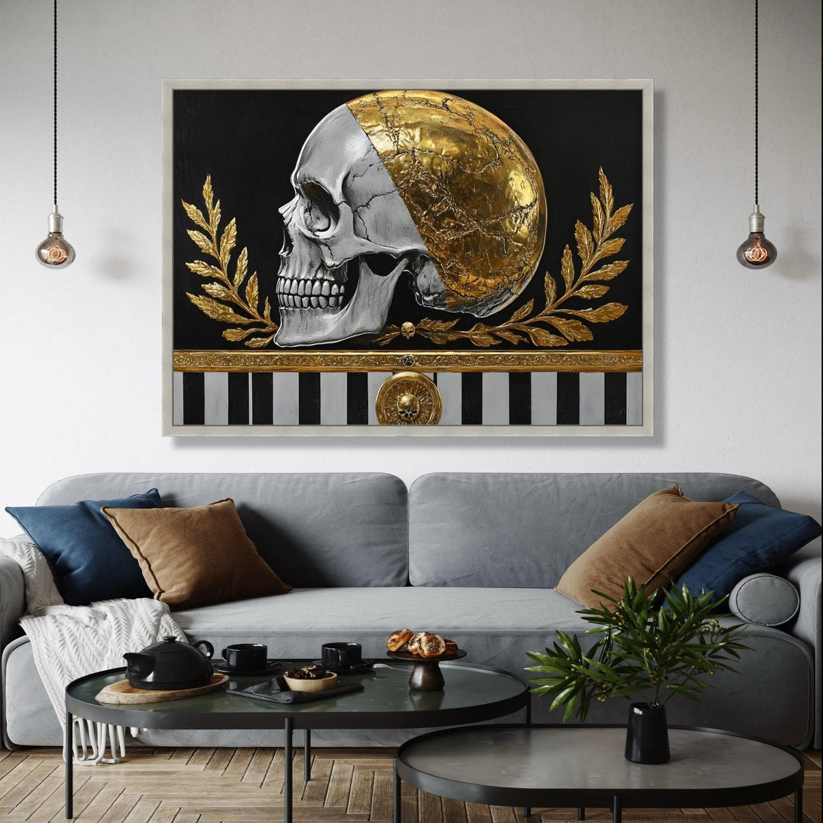 Golden Skull Canvas Wall Art, Gothic Home Decor, Metallic Half Gold Skull, Dark Black Background, Modern Gift Art, Home Decor, Print