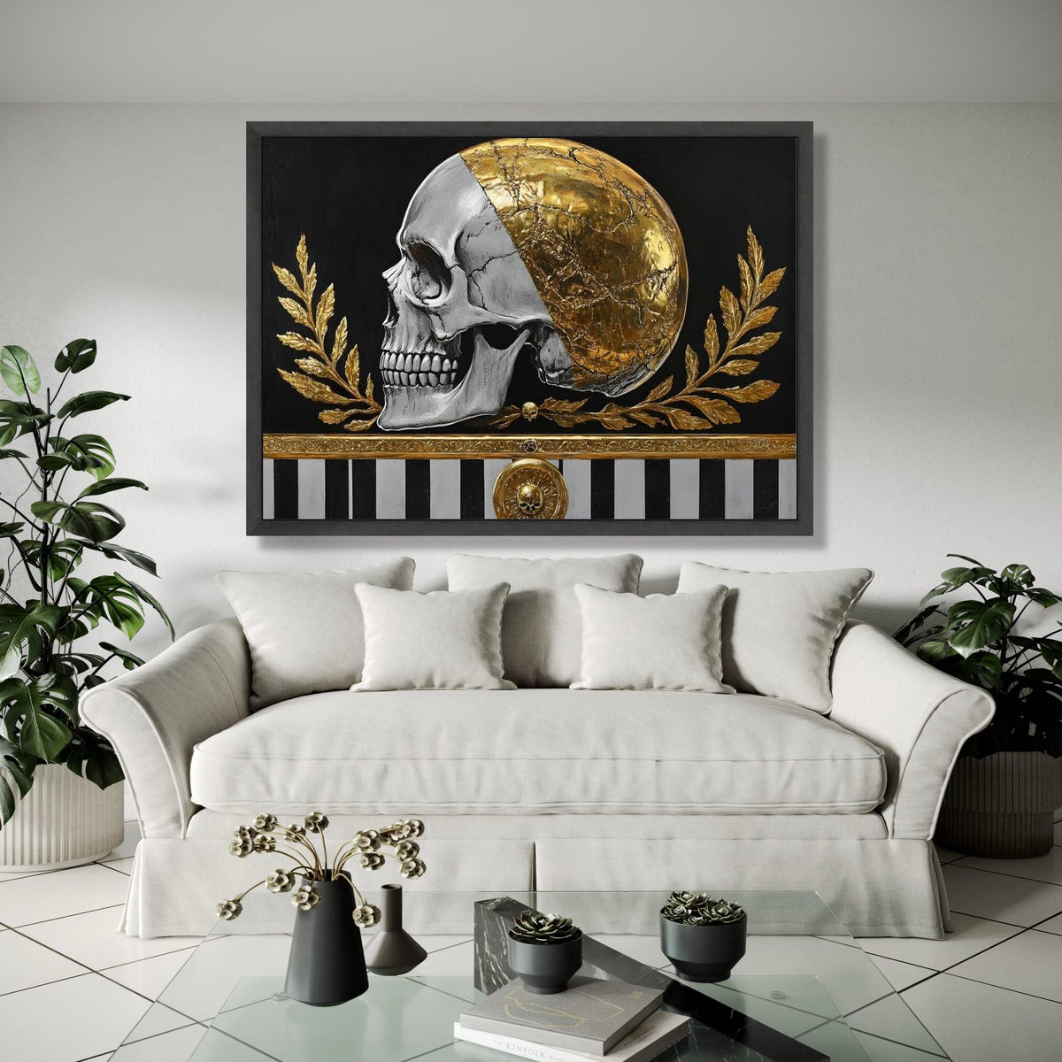 Golden Skull Canvas Wall Art, Gothic Home Decor, Metallic Half Gold Skull, Dark Black Background, Modern Gift Art, Home Decor, Print