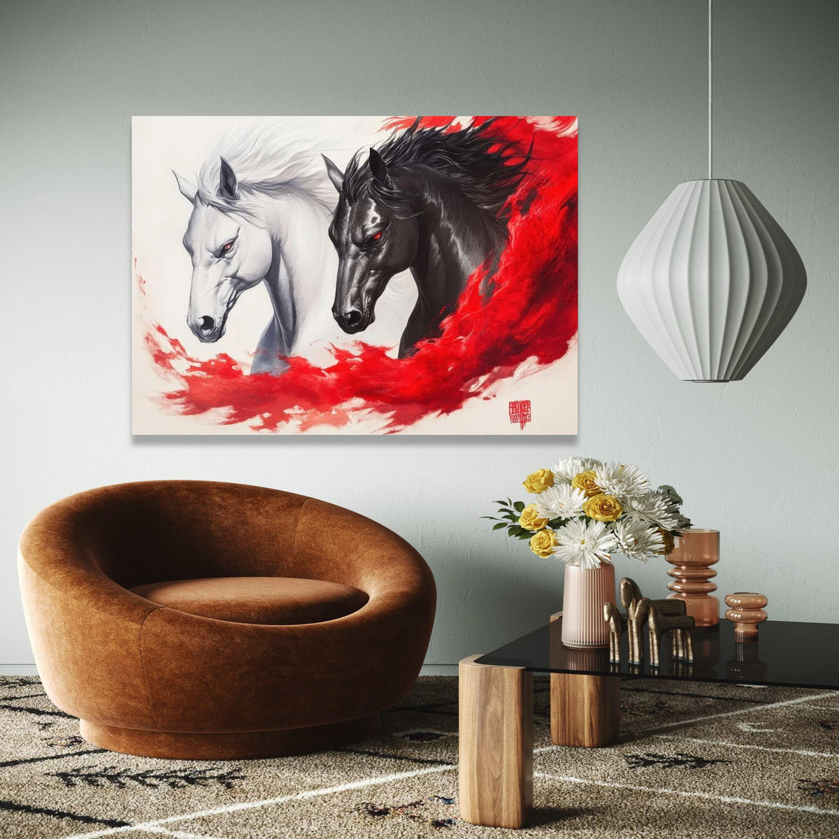 Dual Spirit Horses Canvas Wall Art, Black and White Horse Painting, Red Abstract Flow, Powerful Equine Decor, Gift Art, Home Decor, Print
