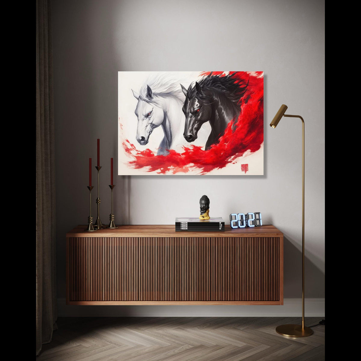Dual Spirit Horses Canvas Wall Art, Black and White Horse Painting, Red Abstract Flow, Powerful Equine Decor, Gift Art, Home Decor, Print
