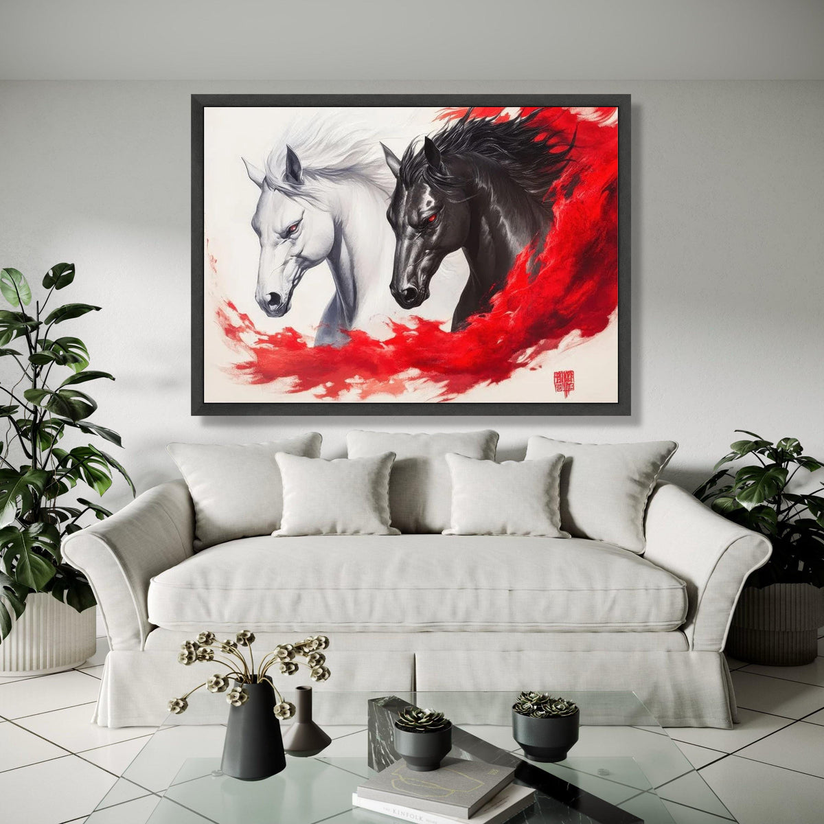 Dual Spirit Horses Canvas Wall Art, Black and White Horse Painting, Red Abstract Flow, Powerful Equine Decor, Gift Art, Home Decor, Print