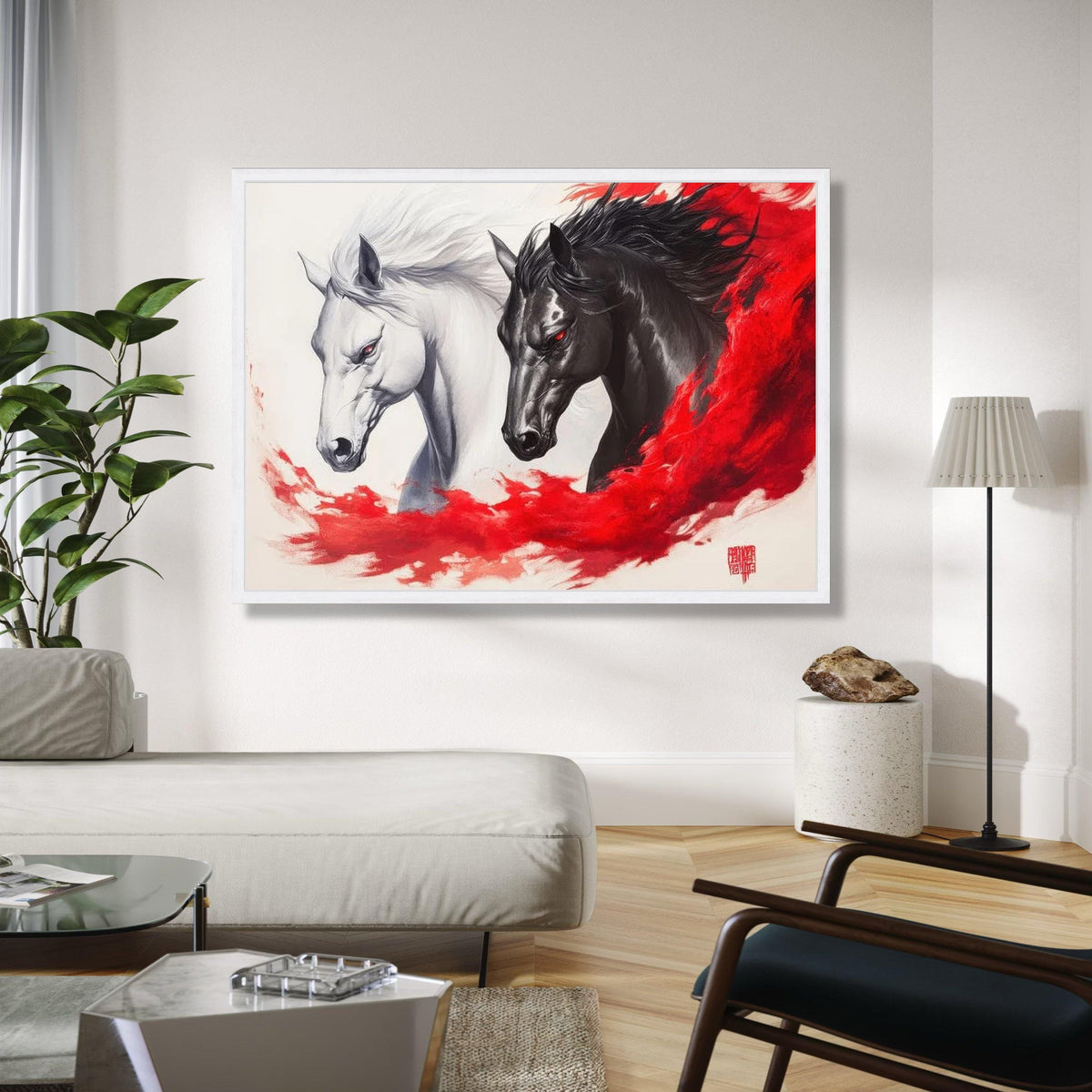 Dual Spirit Horses Canvas Wall Art, Black and White Horse Painting, Red Abstract Flow, Powerful Equine Decor, Gift Art, Home Decor, Print