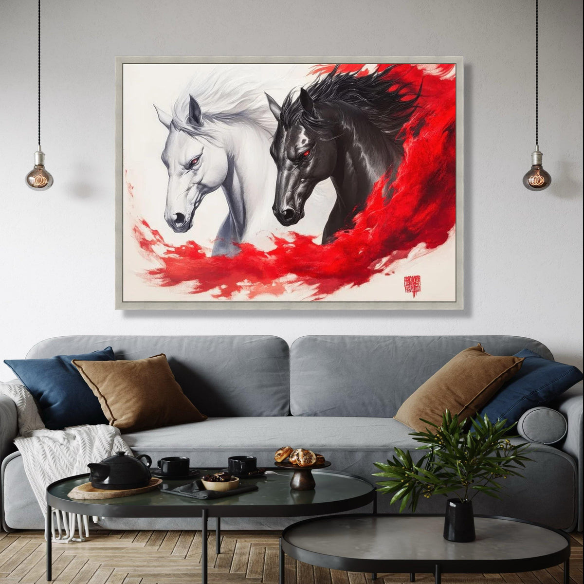 Dual Spirit Horses Canvas Wall Art, Black and White Horse Painting, Red Abstract Flow, Powerful Equine Decor, Gift Art, Home Decor, Print