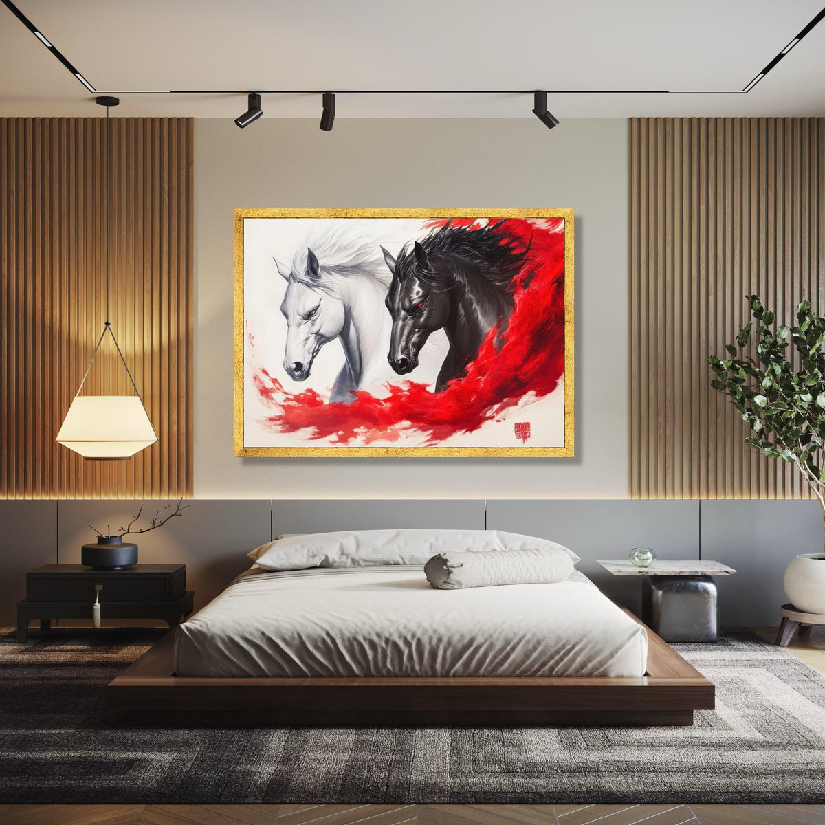 Dual Spirit Horses Canvas Wall Art, Black and White Horse Painting, Red Abstract Flow, Powerful Equine Decor, Gift Art, Home Decor, Print