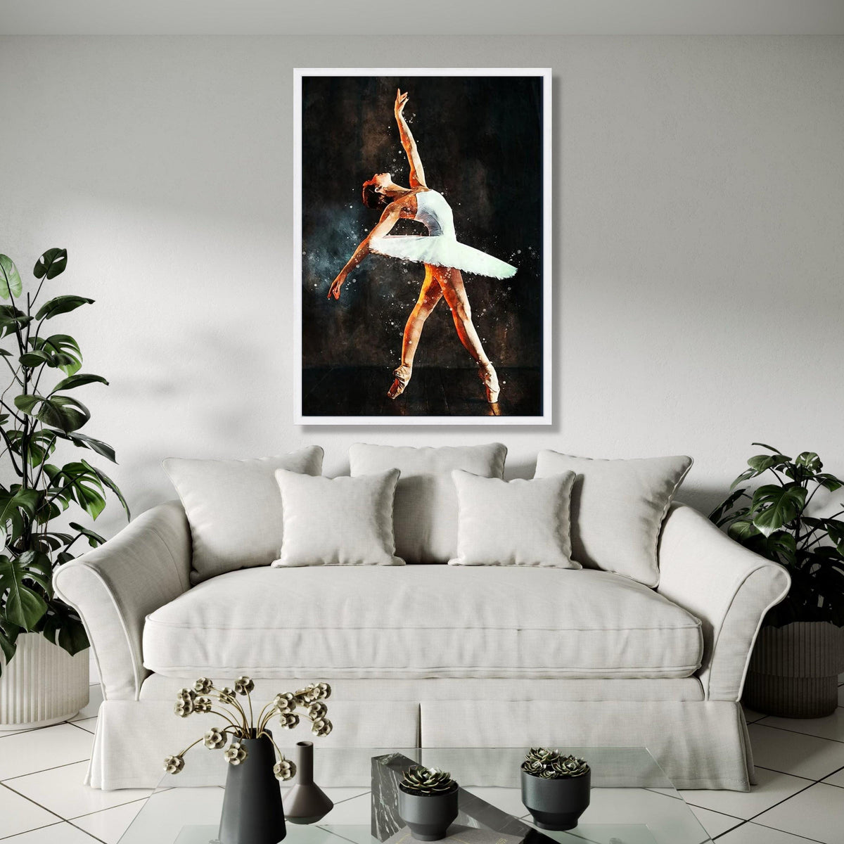 Elegant Ballerina Dance Pose Canvas, Ballet Art Print, White Tutu Wall Decor, Graceful Ballet Dancer Painting, Gift Art, Home Decor, Print