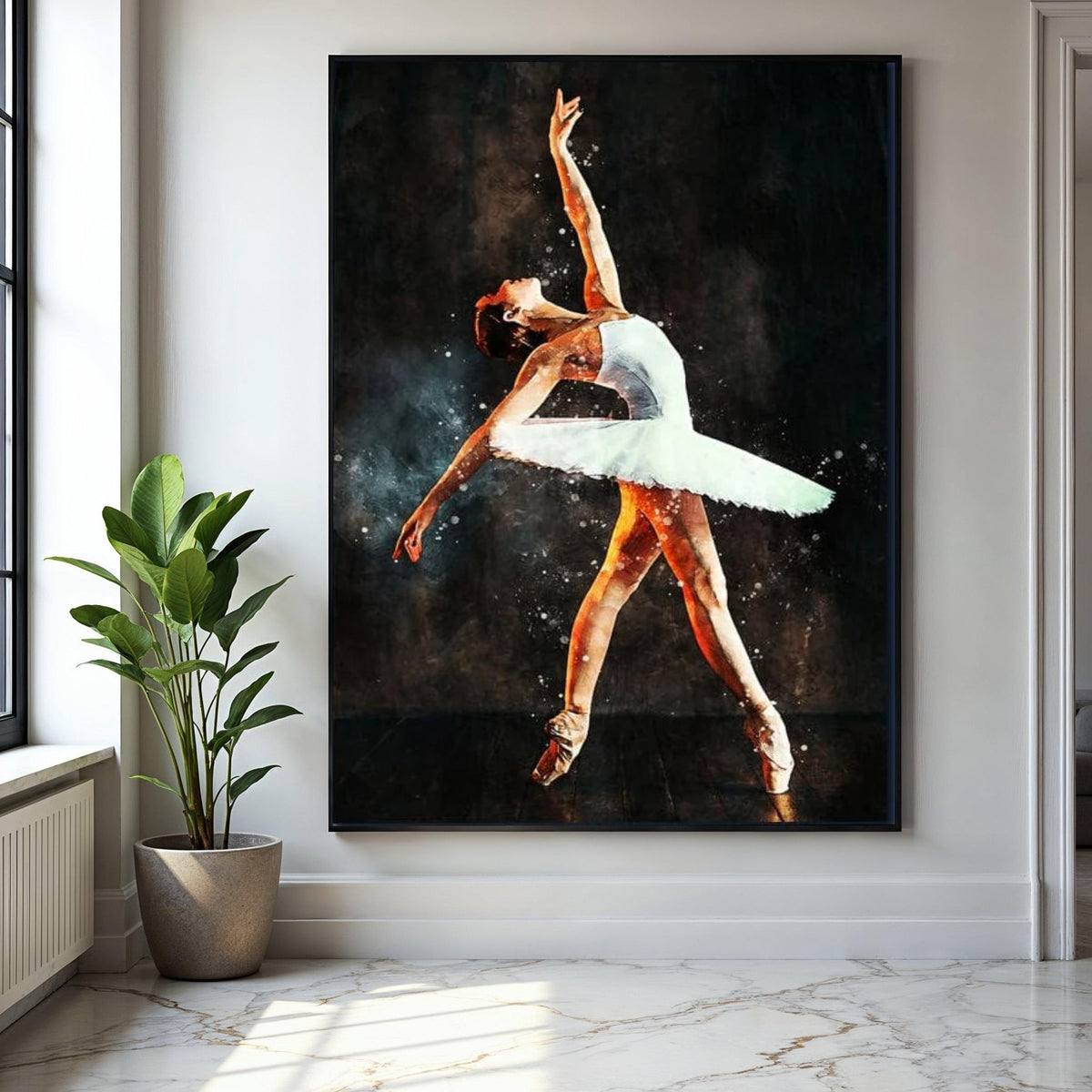 Elegant Ballerina Dance Pose Canvas, Ballet Art Print, White Tutu Wall Decor, Graceful Ballet Dancer Painting, Gift Art, Home Decor, Print