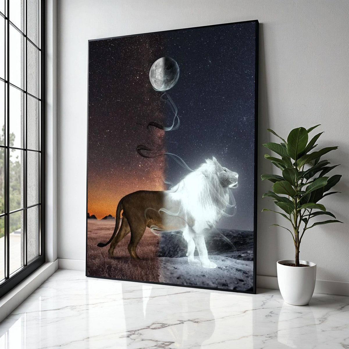 Duality Lion Canvas Wall Art, Night and Day Contrast, Moon and Stars Canvas, Mystical Wildlife Decor, Fantasy Gift Art, Home Decor, Print