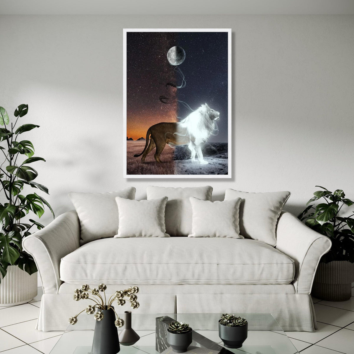 Duality Lion Canvas Wall Art, Night and Day Contrast, Moon and Stars Canvas, Mystical Wildlife Decor, Fantasy Gift Art, Home Decor, Print