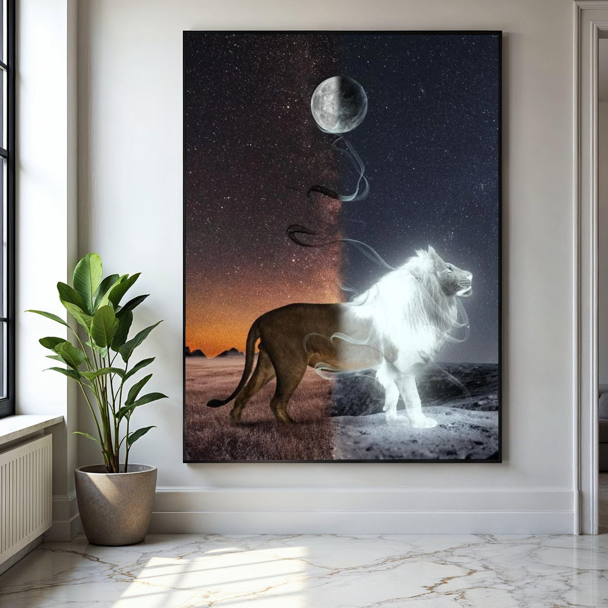 Duality Lion Canvas Wall Art, Night and Day Contrast, Moon and Stars Canvas, Mystical Wildlife Decor, Fantasy Gift Art, Home Decor, Print