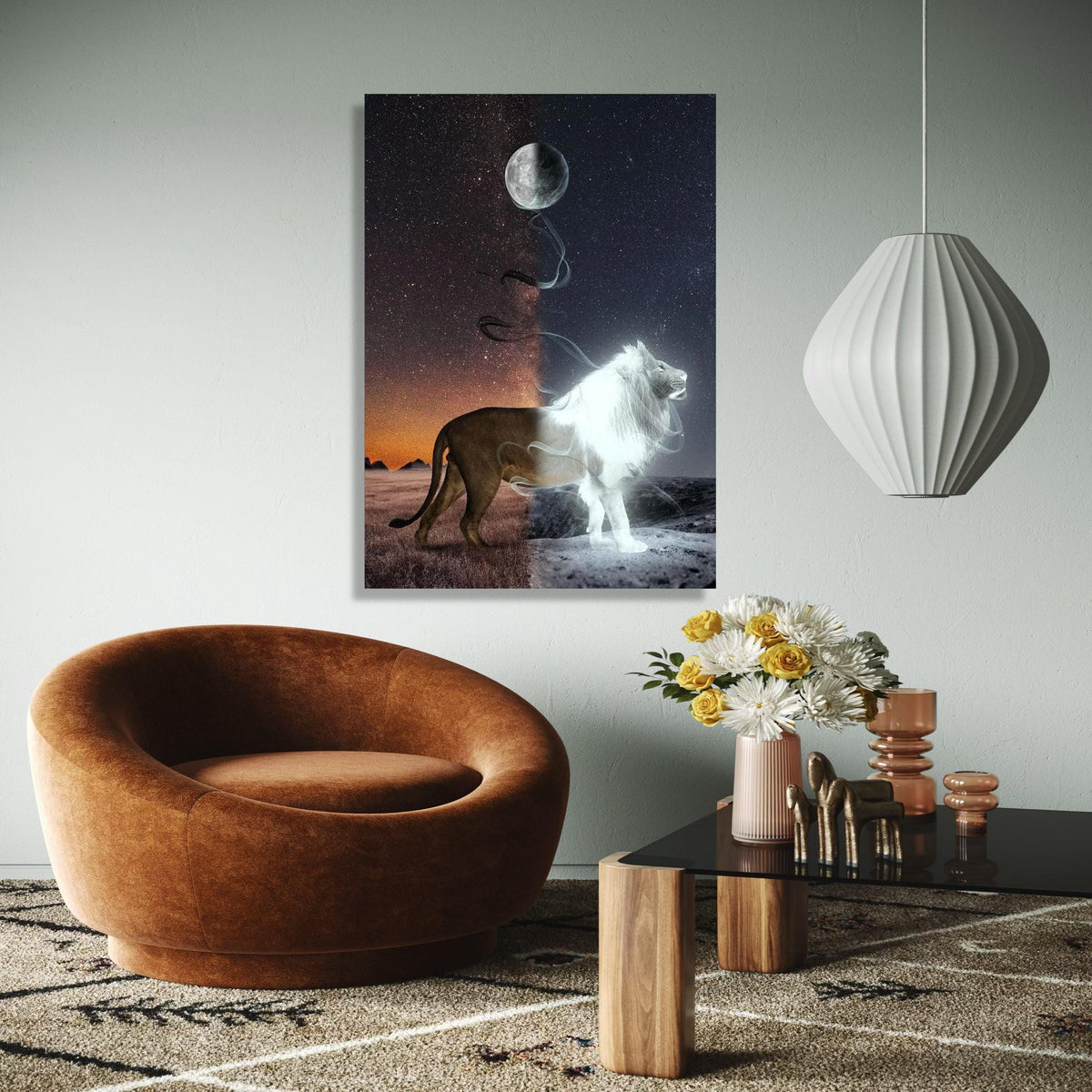 Duality Lion Canvas Wall Art, Night and Day Contrast, Moon and Stars Canvas, Mystical Wildlife Decor, Fantasy Gift Art, Home Decor, Print