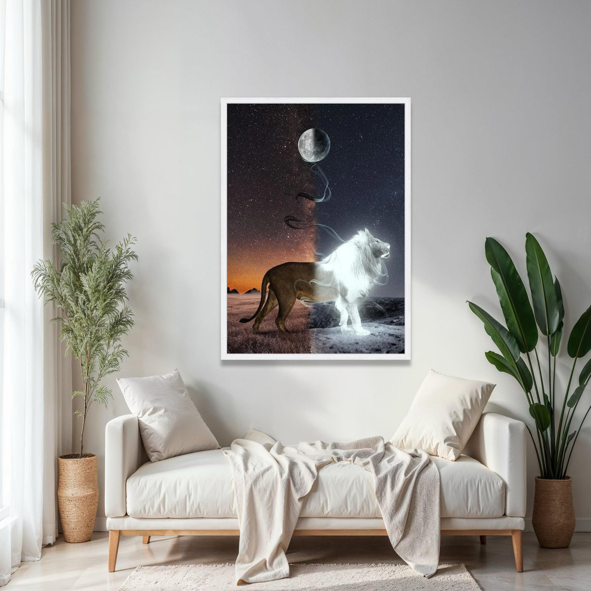 Duality Lion Canvas Wall Art, Night and Day Contrast, Moon and Stars Canvas, Mystical Wildlife Decor, Fantasy Gift Art, Home Decor, Print