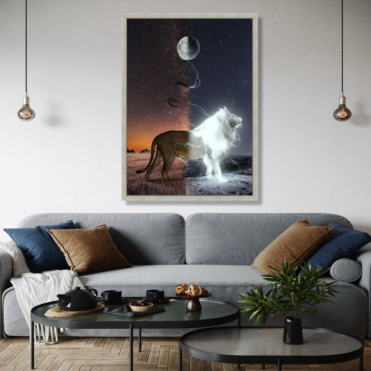 Duality Lion Canvas Wall Art, Night and Day Contrast, Moon and Stars Canvas, Mystical Wildlife Decor, Fantasy Gift Art, Home Decor, Print