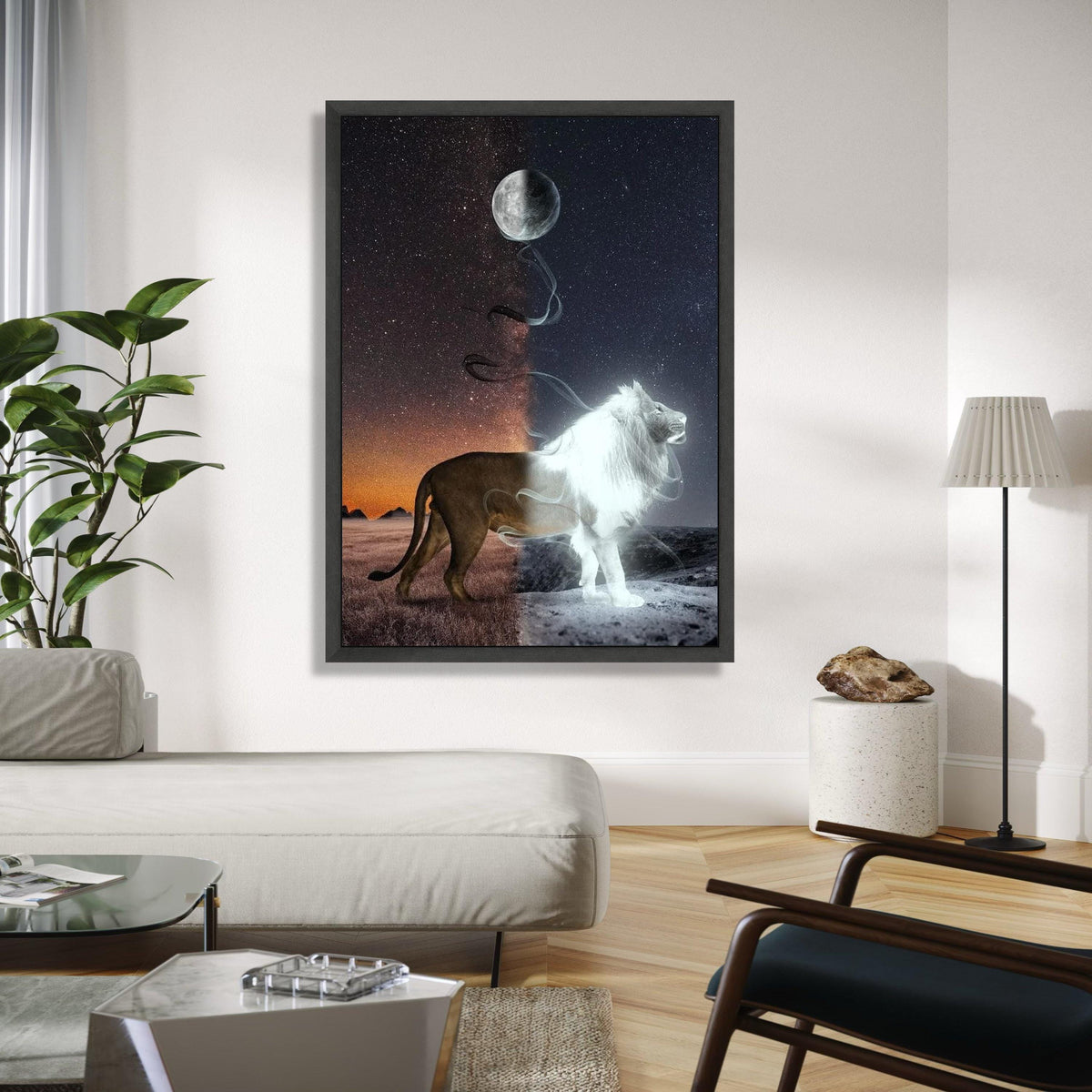 Duality Lion Canvas Wall Art, Night and Day Contrast, Moon and Stars Canvas, Mystical Wildlife Decor, Fantasy Gift Art, Home Decor, Print