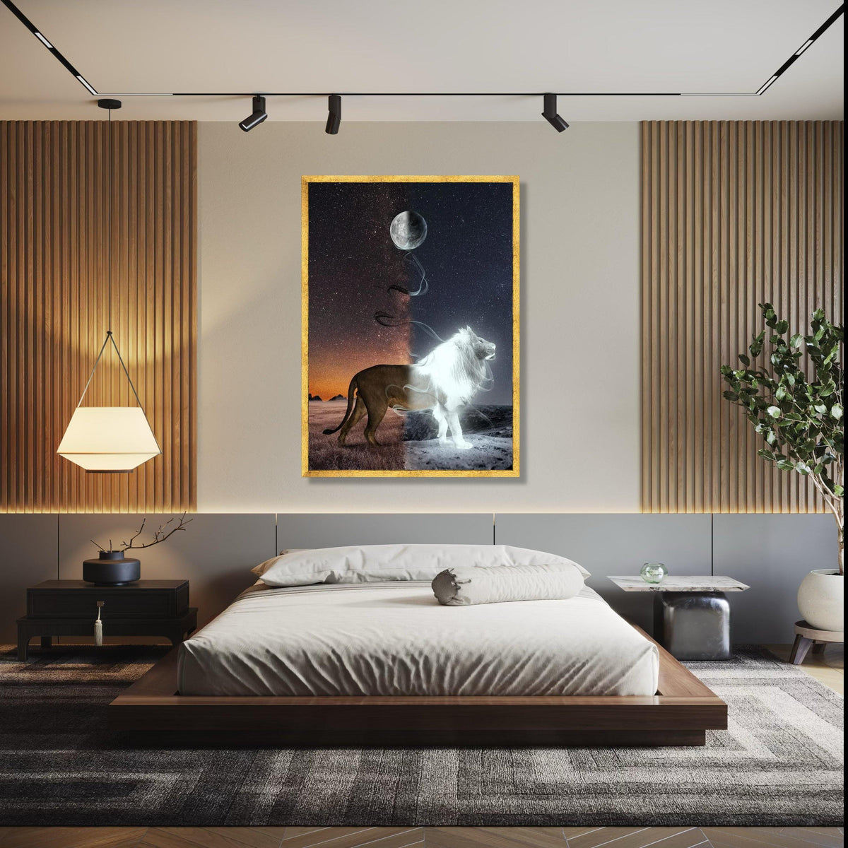 Duality Lion Canvas Wall Art, Night and Day Contrast, Moon and Stars Canvas, Mystical Wildlife Decor, Fantasy Gift Art, Home Decor, Print