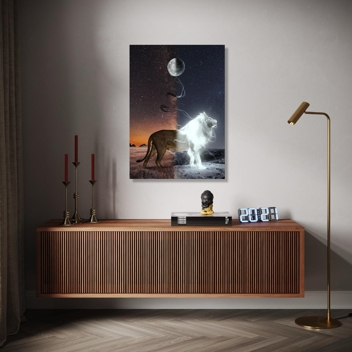 Duality Lion Canvas Wall Art, Night and Day Contrast, Moon and Stars Canvas, Mystical Wildlife Decor, Fantasy Gift Art, Home Decor, Print
