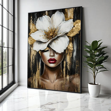 Elegant Woman Portrait Canvas, Large White Flower Wall Art, Gold Accent Canvas, Modern Female Face Painting, Gift Art, Home Decor, Print