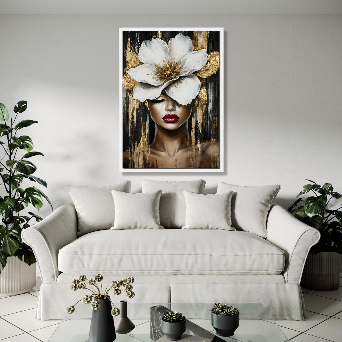 Elegant Woman Portrait Canvas, Large White Flower Wall Art, Gold Accent Canvas, Modern Female Face Painting, Gift Art, Home Decor, Print