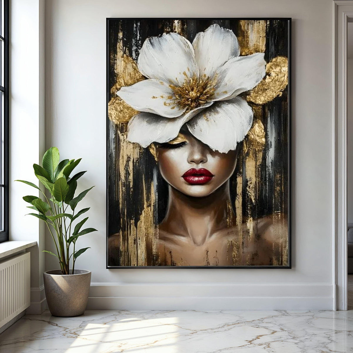Elegant Woman Portrait Canvas, Large White Flower Wall Art, Gold Accent Canvas, Modern Female Face Painting, Gift Art, Home Decor, Print