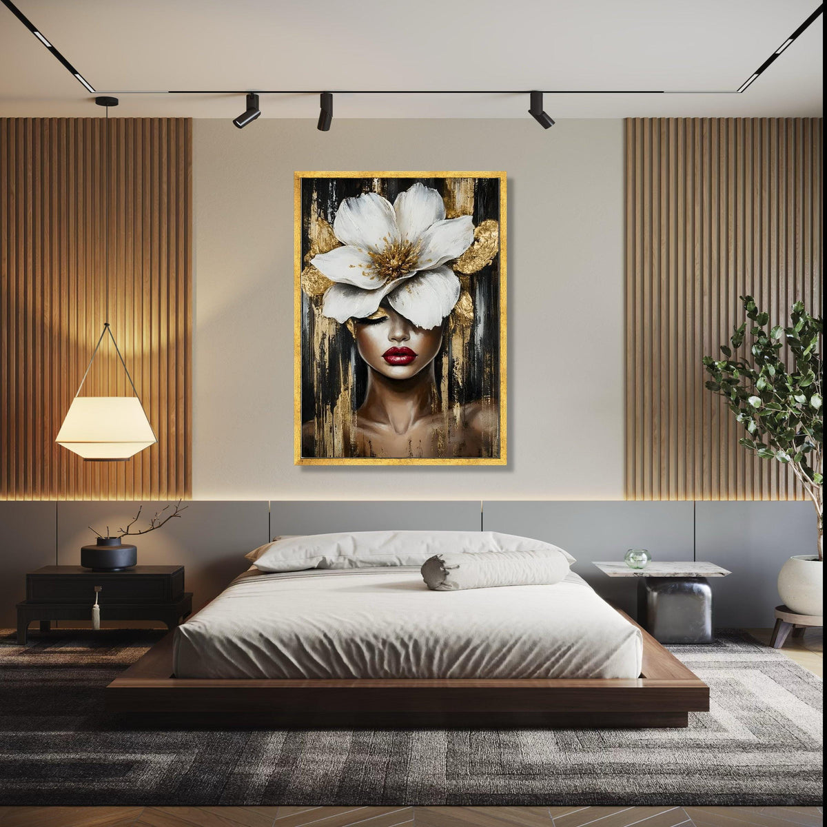 Elegant Woman Portrait Canvas, Large White Flower Wall Art, Gold Accent Canvas, Modern Female Face Painting, Gift Art, Home Decor, Print