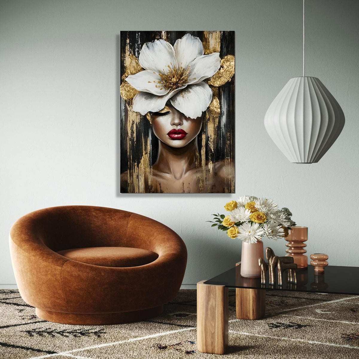 Elegant Woman Portrait Canvas, Large White Flower Wall Art, Gold Accent Canvas, Modern Female Face Painting, Gift Art, Home Decor, Print