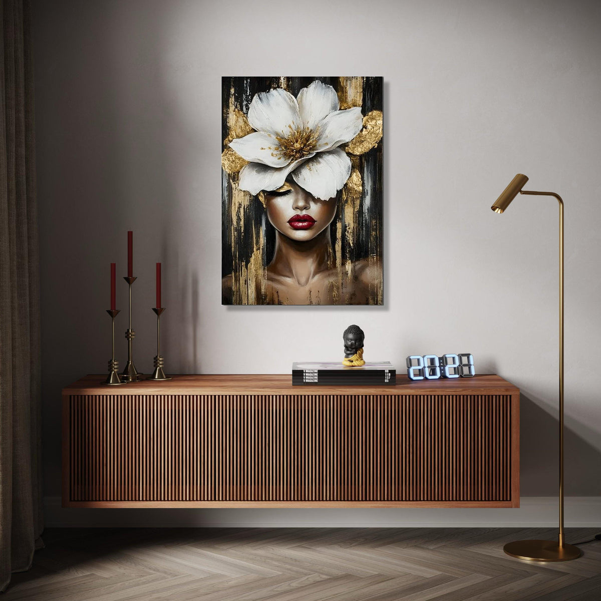 Elegant Woman Portrait Canvas, Large White Flower Wall Art, Gold Accent Canvas, Modern Female Face Painting, Gift Art, Home Decor, Print