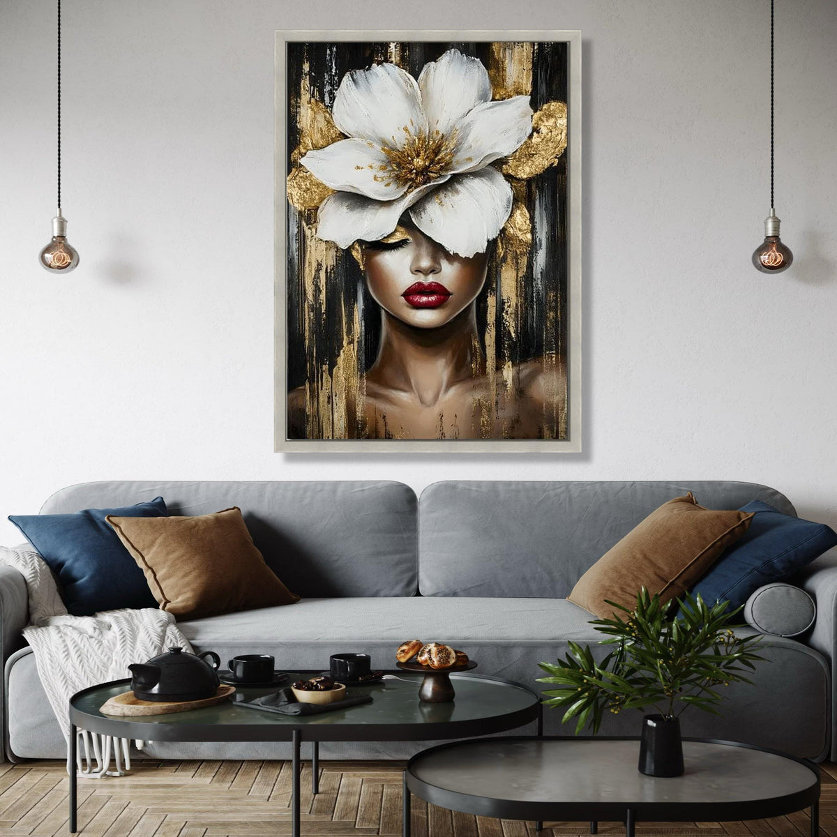 Elegant Woman Portrait Canvas, Large White Flower Wall Art, Gold Accent Canvas, Modern Female Face Painting, Gift Art, Home Decor, Print