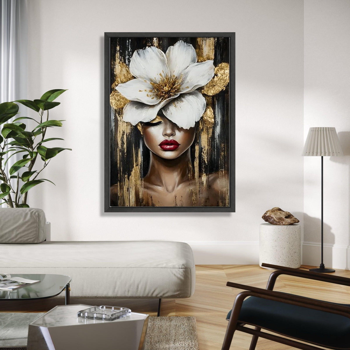 Elegant Woman Portrait Canvas, Large White Flower Wall Art, Gold Accent Canvas, Modern Female Face Painting, Gift Art, Home Decor, Print