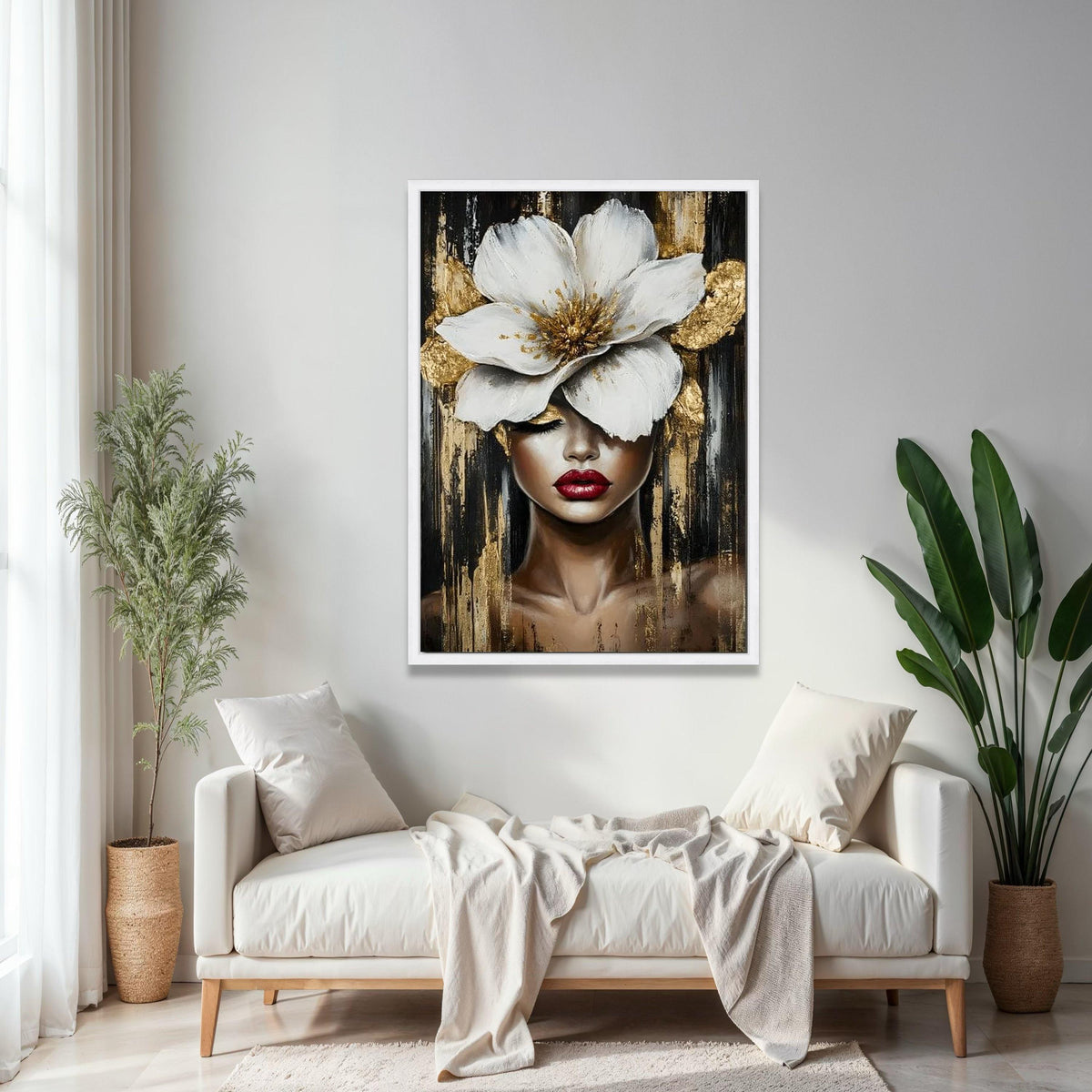 Elegant Woman Portrait Canvas, Large White Flower Wall Art, Gold Accent Canvas, Modern Female Face Painting, Gift Art, Home Decor, Print