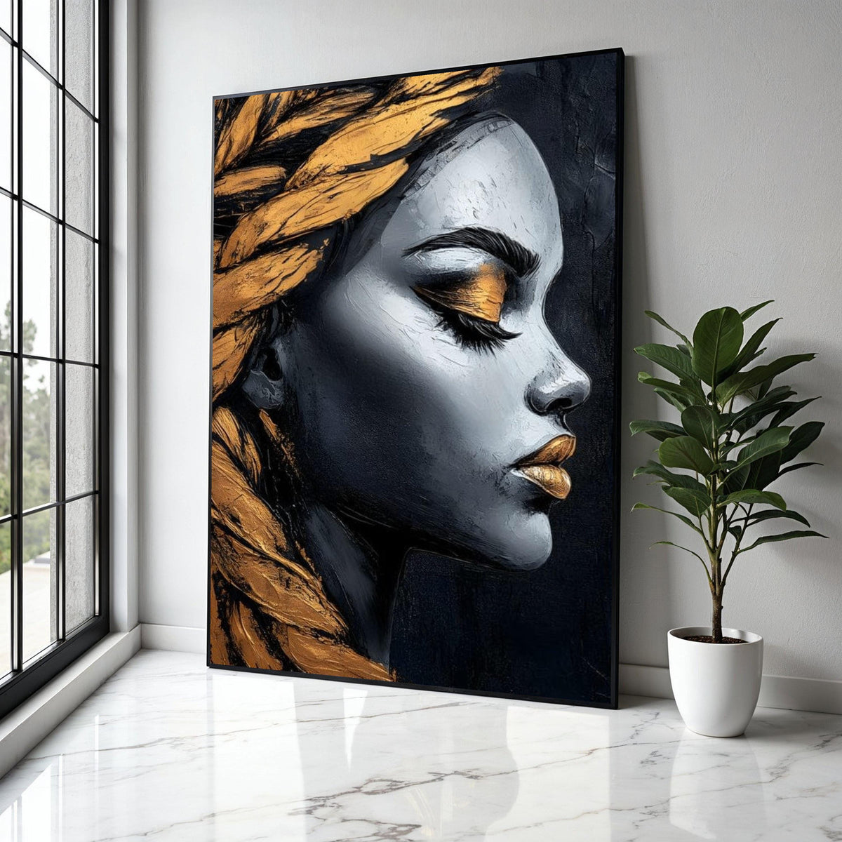 Elegant Female Profile Canvas, Modern Portrait Wall Art, Gold and Black Abstract Face, Canvas Decoration, Gift Art, Home Decor, Print